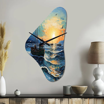 Vangogh Seascape With Fishing III - Asymmetric Metal Wall Clock